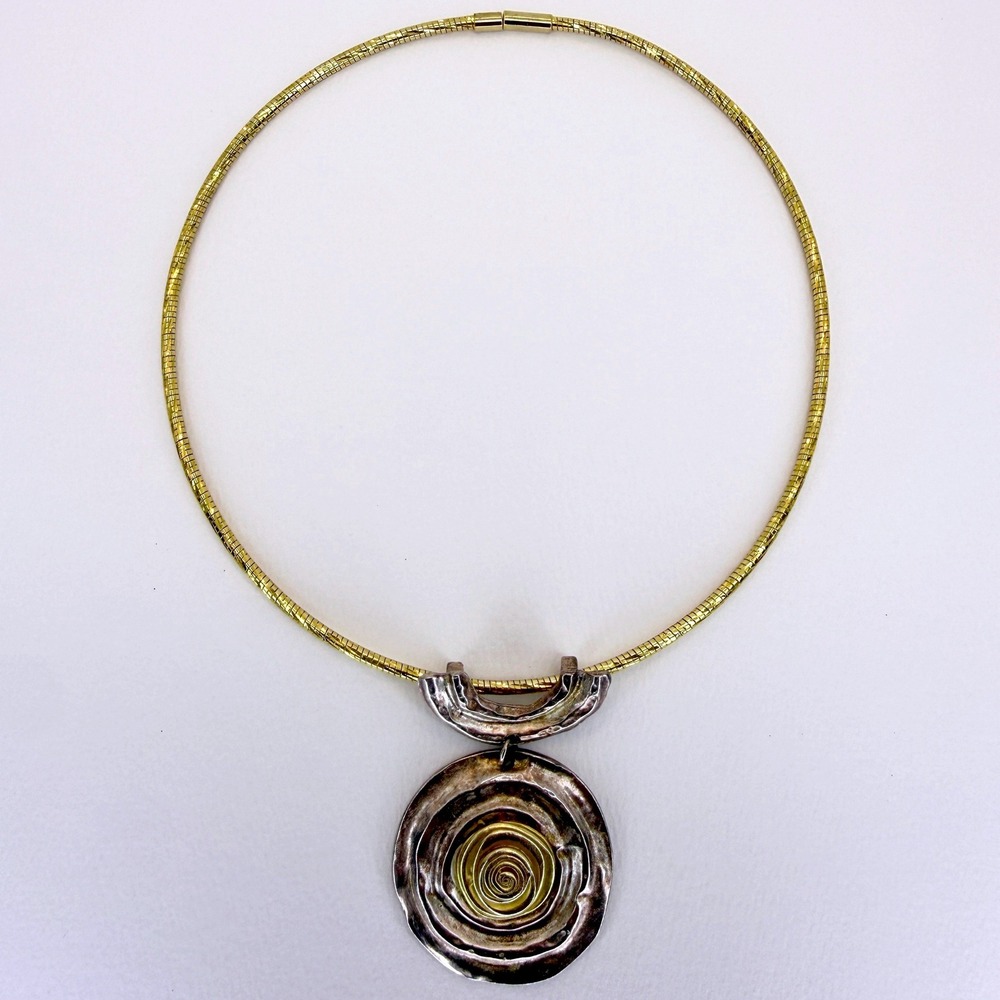 Norma Jean Collar Necklace Mixed Metal Hammered Spiral Pendant Gold Tone